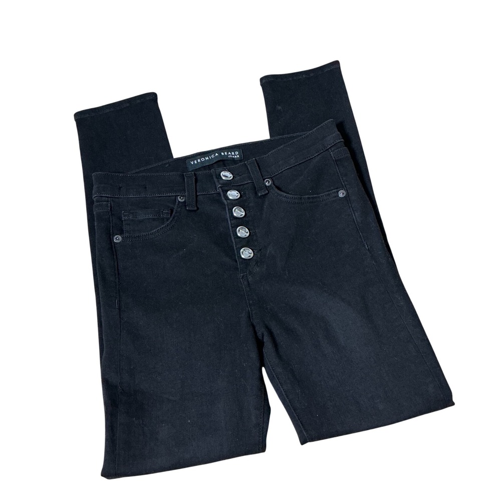 Veronica Beard Crystal Button High Rise Skinny Jeans Womens 26 Black Coal Glam